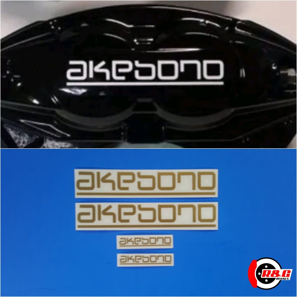 Akebono Brake Caliper HIGH TEMP Decal Sticker Set of 4 (Gold) R&G Brake Caliper Decals Specialist